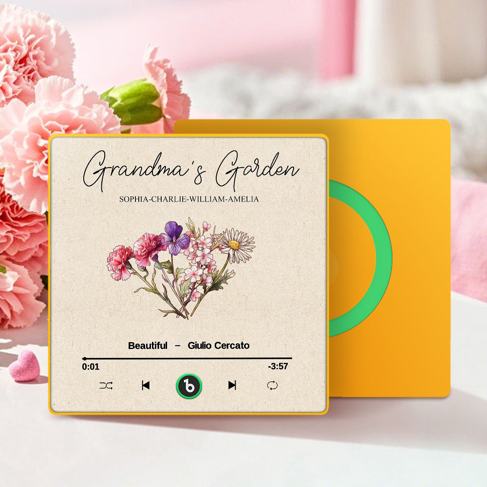Grandma's Garden Retro Birth Flower Bouquet Personalized Music Fridge Magnet, Gift for Grandma, Mom