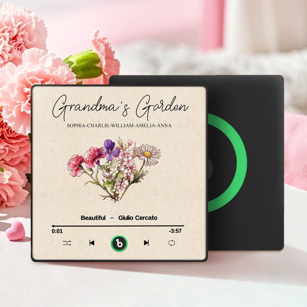 Grandma's Garden Retro Birth Flower Bouquet Personalized Music Fridge Magnet, Gift for Grandma, Mom