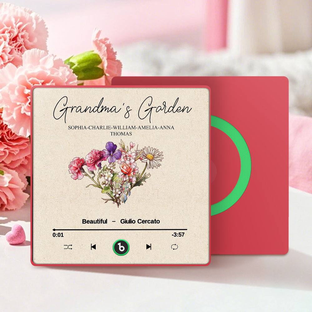 Grandma's Garden Retro Birth Flower Bouquet Personalized Music Fridge Magnet, Gift for Grandma, Mom