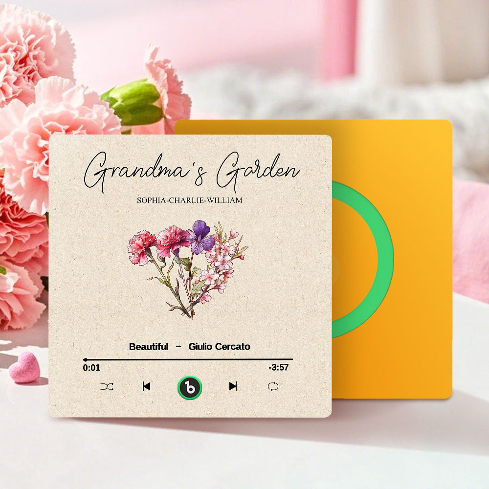 Grandma's Garden Retro Birth Flower Bouquet Personalized Music Fridge Magnet, Gift for Grandma, Mom