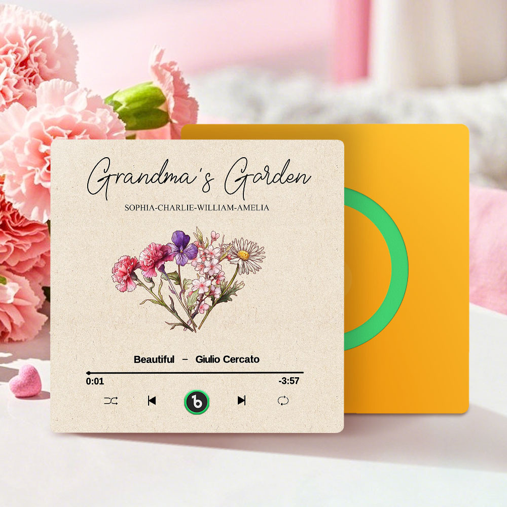 Grandma's Garden Retro Birth Flower Bouquet Personalized Music Fridge Magnet, Gift for Grandma, Mom