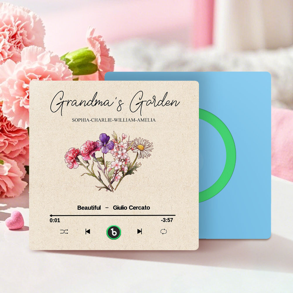 Grandma's Garden Retro Birth Flower Bouquet Personalized Music Fridge Magnet, Gift for Grandma, Mom
