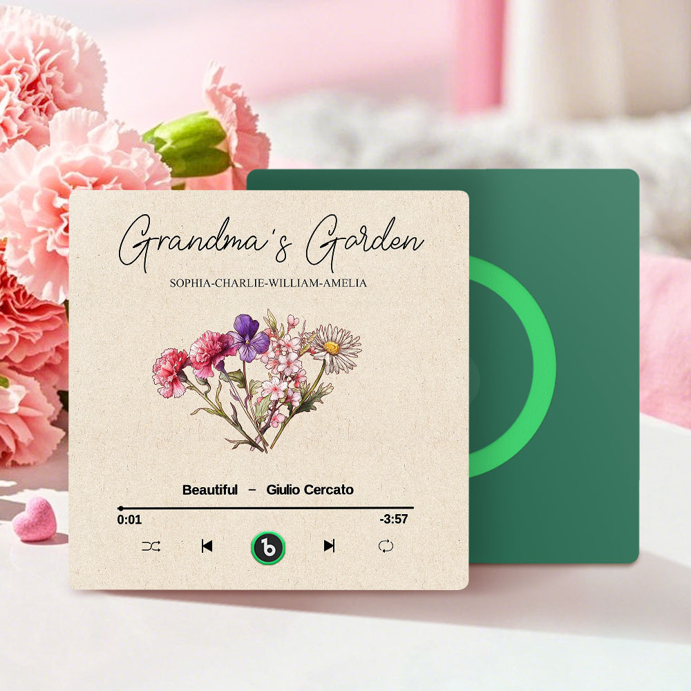 Grandma's Garden Retro Birth Flower Bouquet Personalized Music Fridge Magnet, Gift for Grandma, Mom