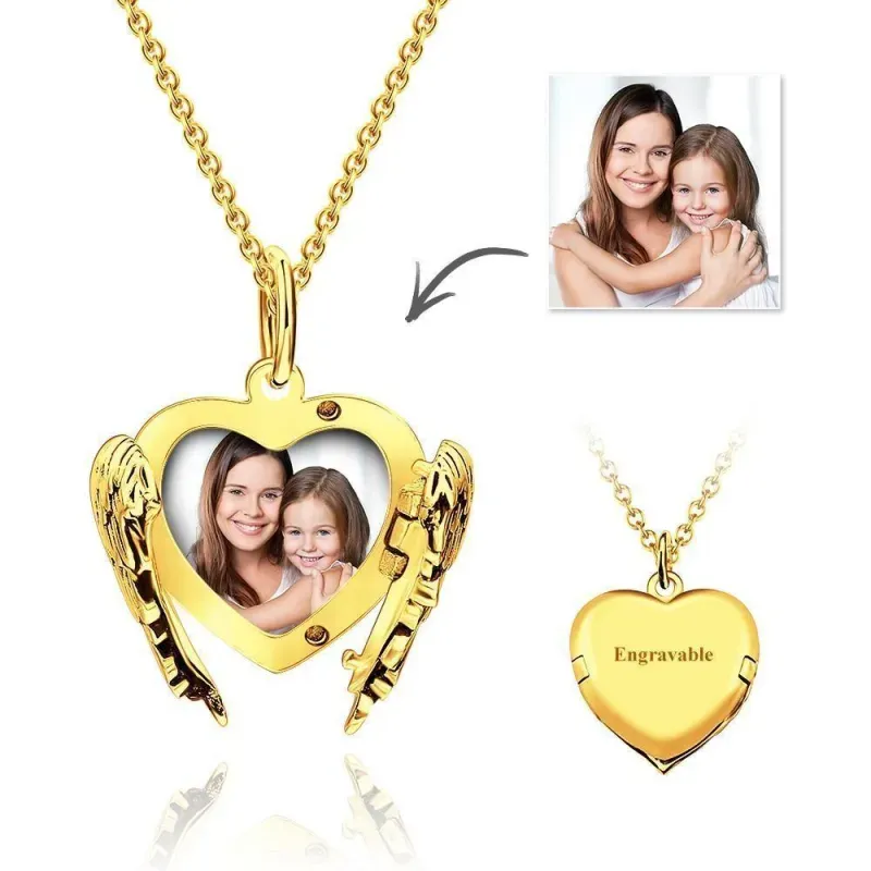 Engravable Photo Locket Necklace Personalized Heart Angel Wings Gift For Her