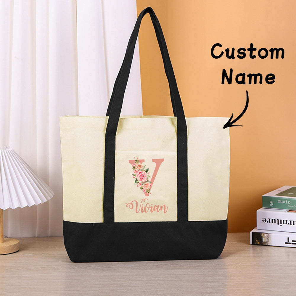 Custom Name Canvas Tote Bag Personalized Flower Beach Bag Gift for Women - mysiliconefoodbag