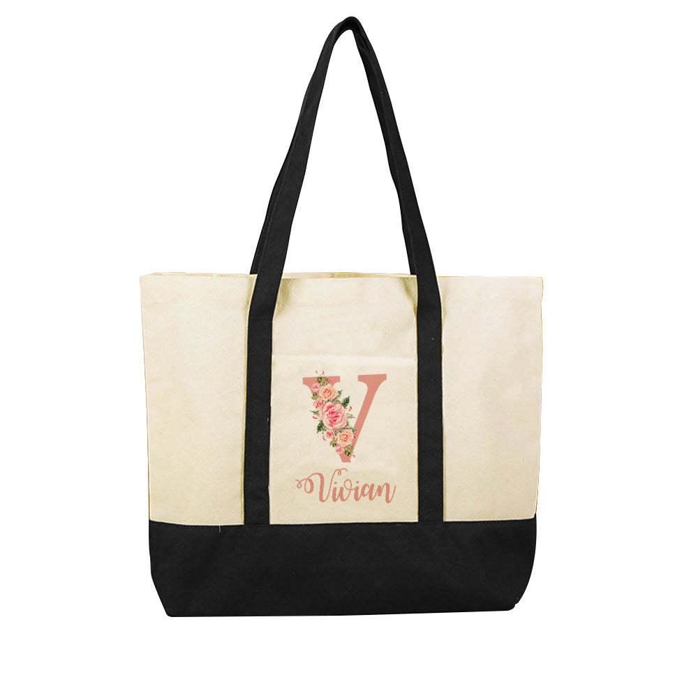 Custom Name Canvas Tote Bag Personalized Flower Beach Bag Gift for Women - mysiliconefoodbag