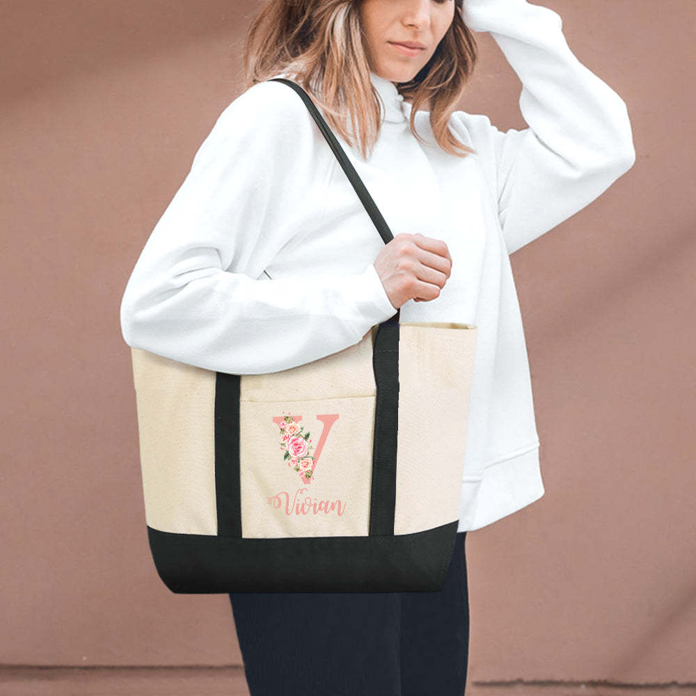 Custom Name Canvas Tote Bag Personalized Flower Beach Bag Gift for Women - mysiliconefoodbag