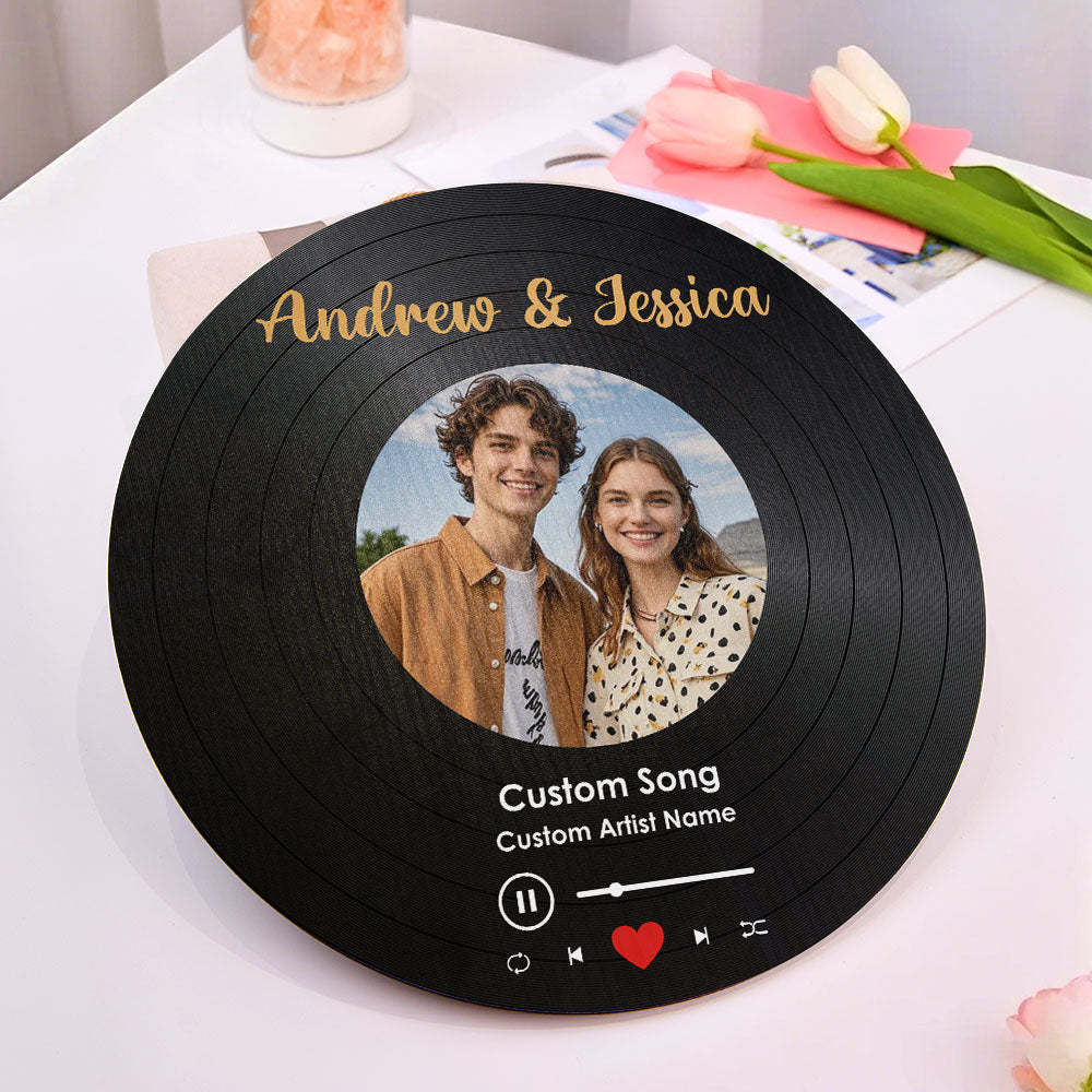 Personalized Music Vinyl Record Photo Round Wood Sign Gift for Lover - mysiliconefoodbag