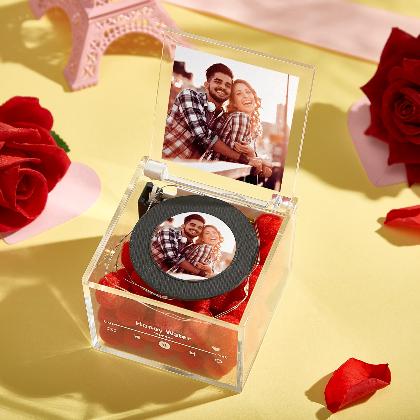 Custom Mini Vinyl Record Player with Auto-Play USB Charging Feature Photo and Romantic Warm Light - mysiliconefoodbag