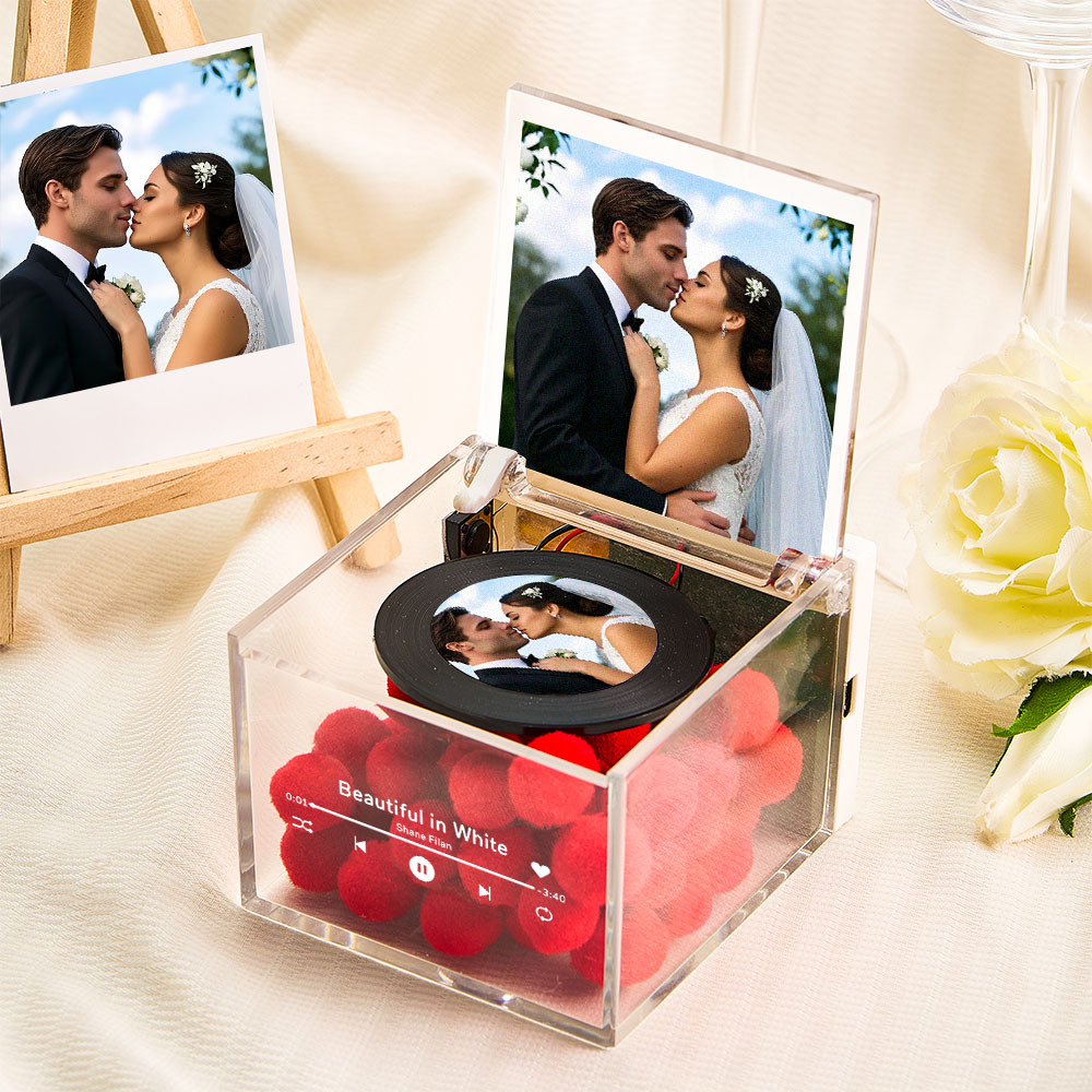 Personalized Mini Music Record Player For Wedding Custom Names and Calendar in an Acrylic Box Perfect for Newly Married Couples