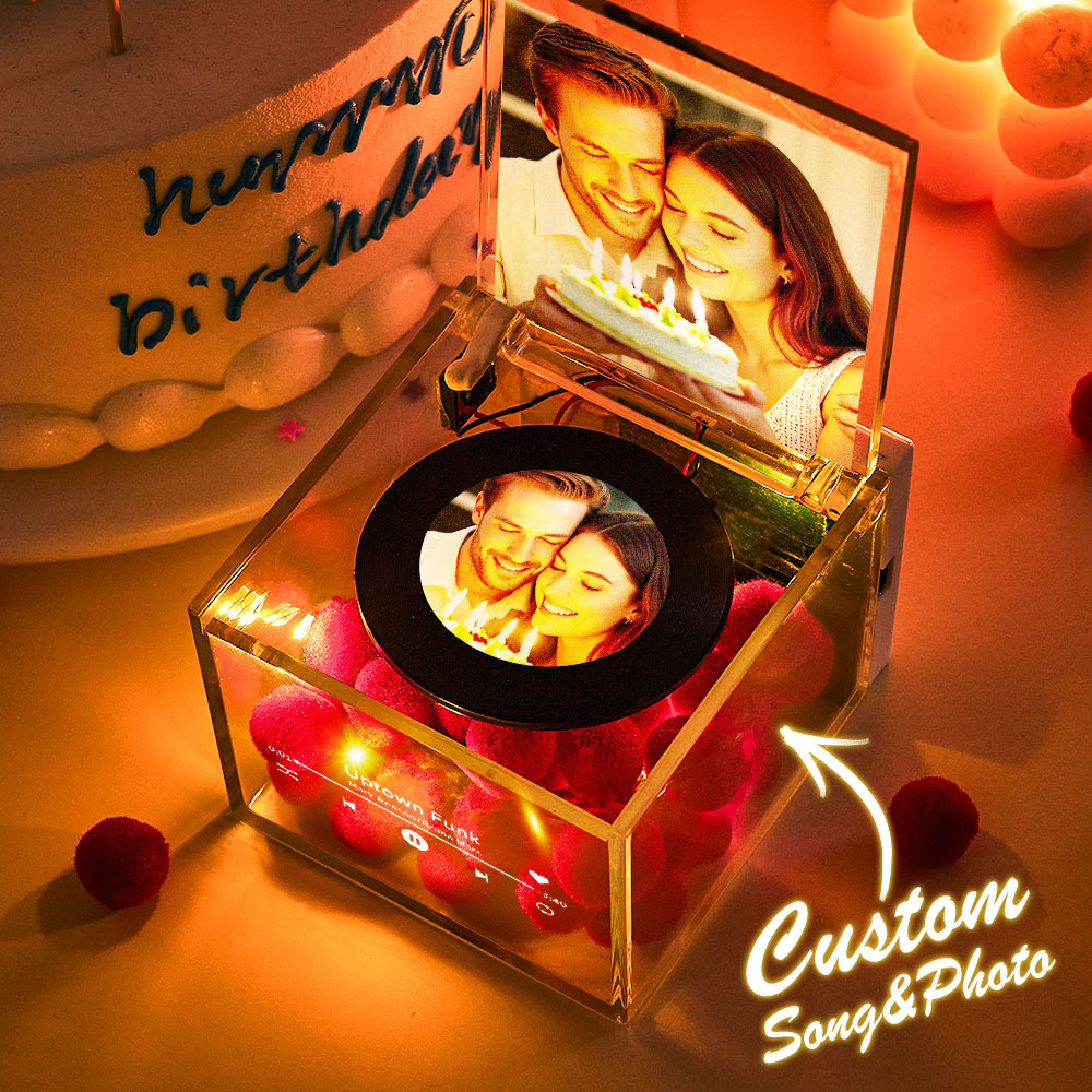 Personalized Red Heart Mini Music Record Player For Birthday Custom Names and Date in an Acrylic Box