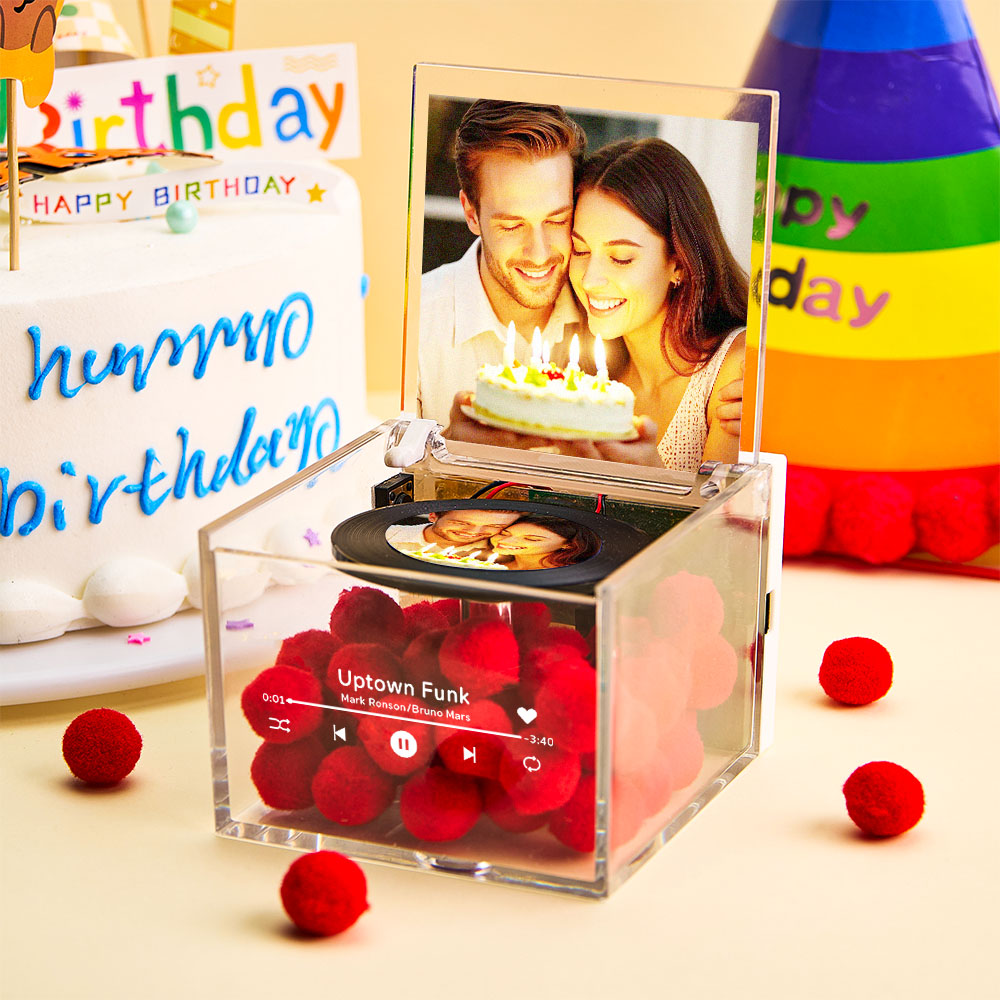 Personalized Red Heart Mini Music Record Player For Birthday Custom Names and Date in an Acrylic Box