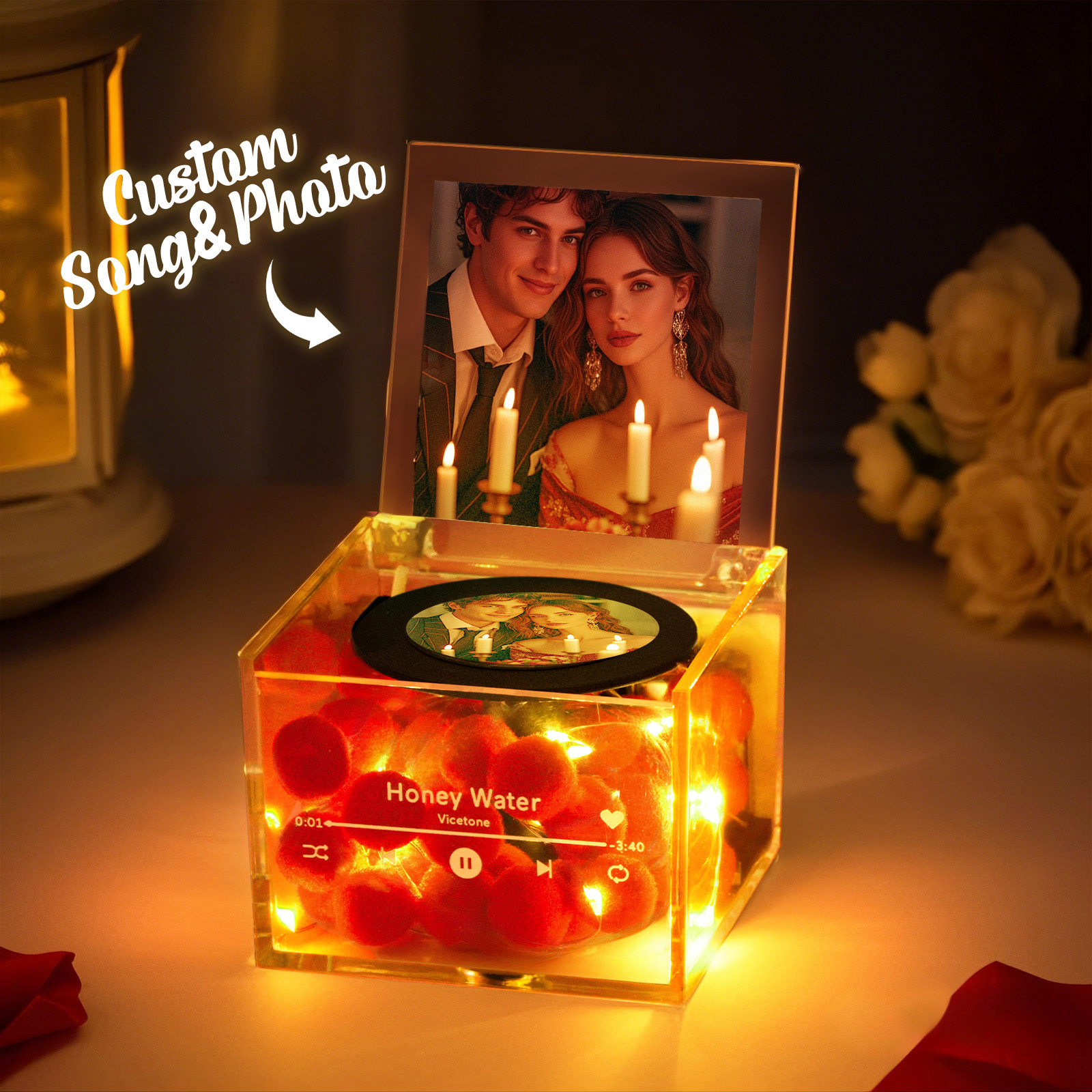 Custom Mini Vinyl Record Player Custom Red Heart Flower Style Photo Engraved Anniversary Gift for Couples