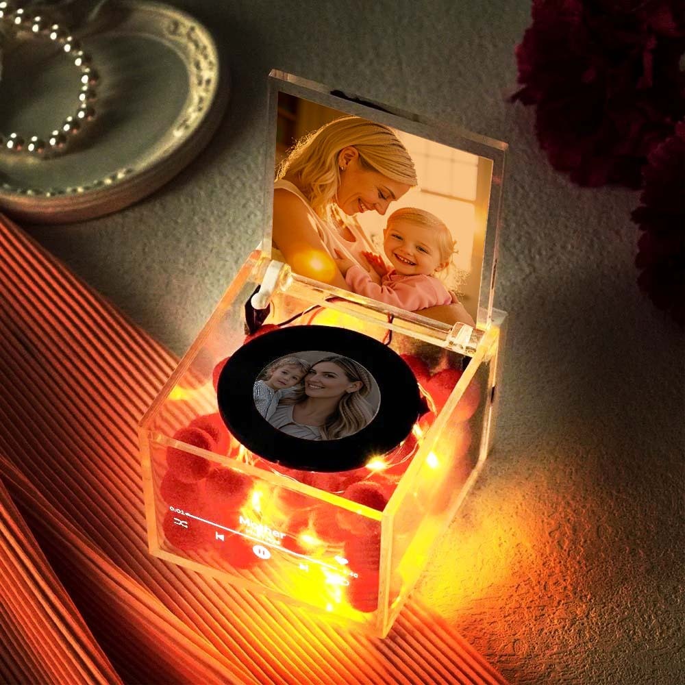 Custom Linear Art Cover Personalised Mini Vinyl Record Player For Mother`s Day Custom Acrylic Box Gift For Mum