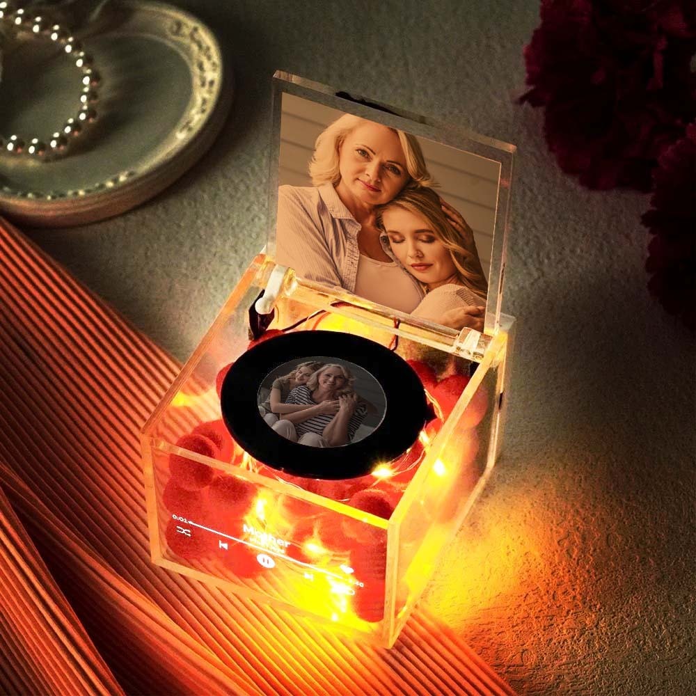 Custom Mini Vinyl Record Player in an Acrylic Box Custom Flower Name Cover Gift for Mum On Mother's Day