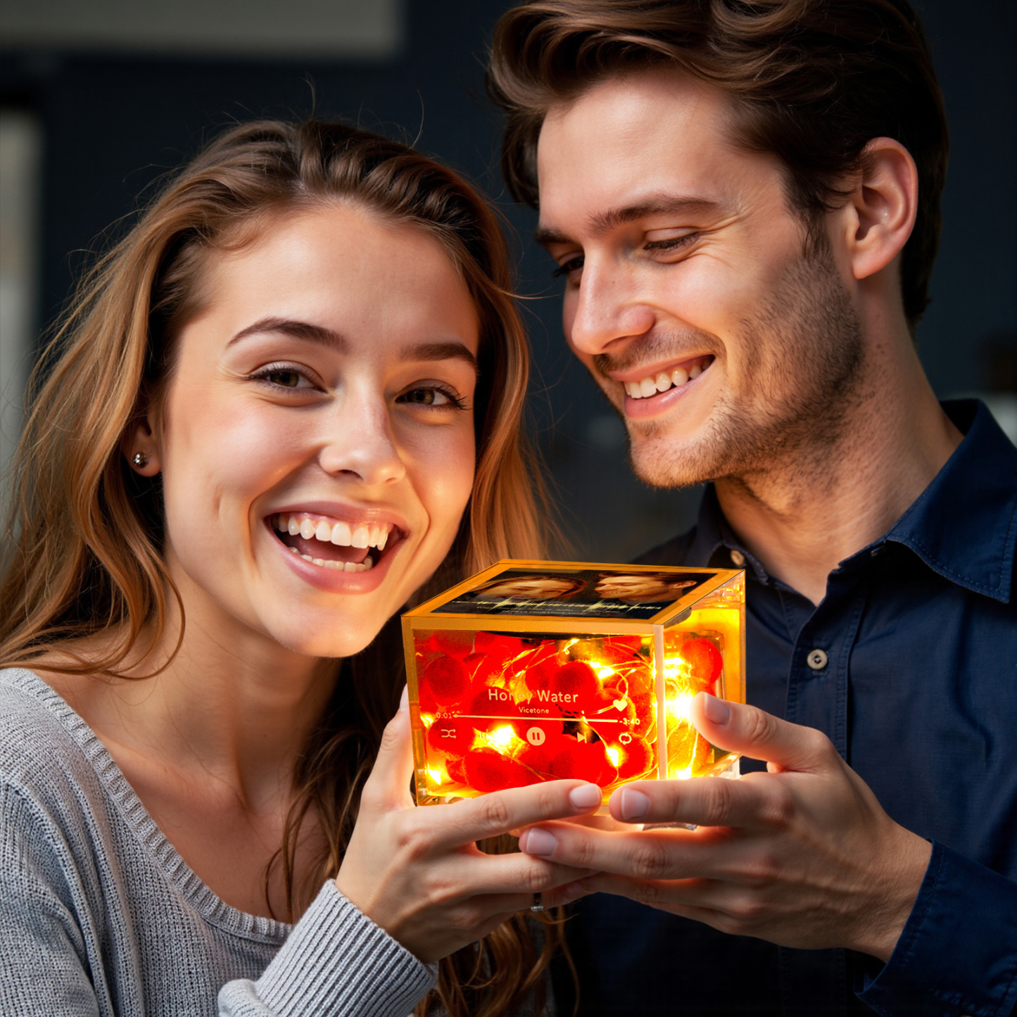 Mini Music Record Auto-Music Player Voice Recorder Custom Photo with Light Personalized Music Acrylic Box Christmas Gift for Couples