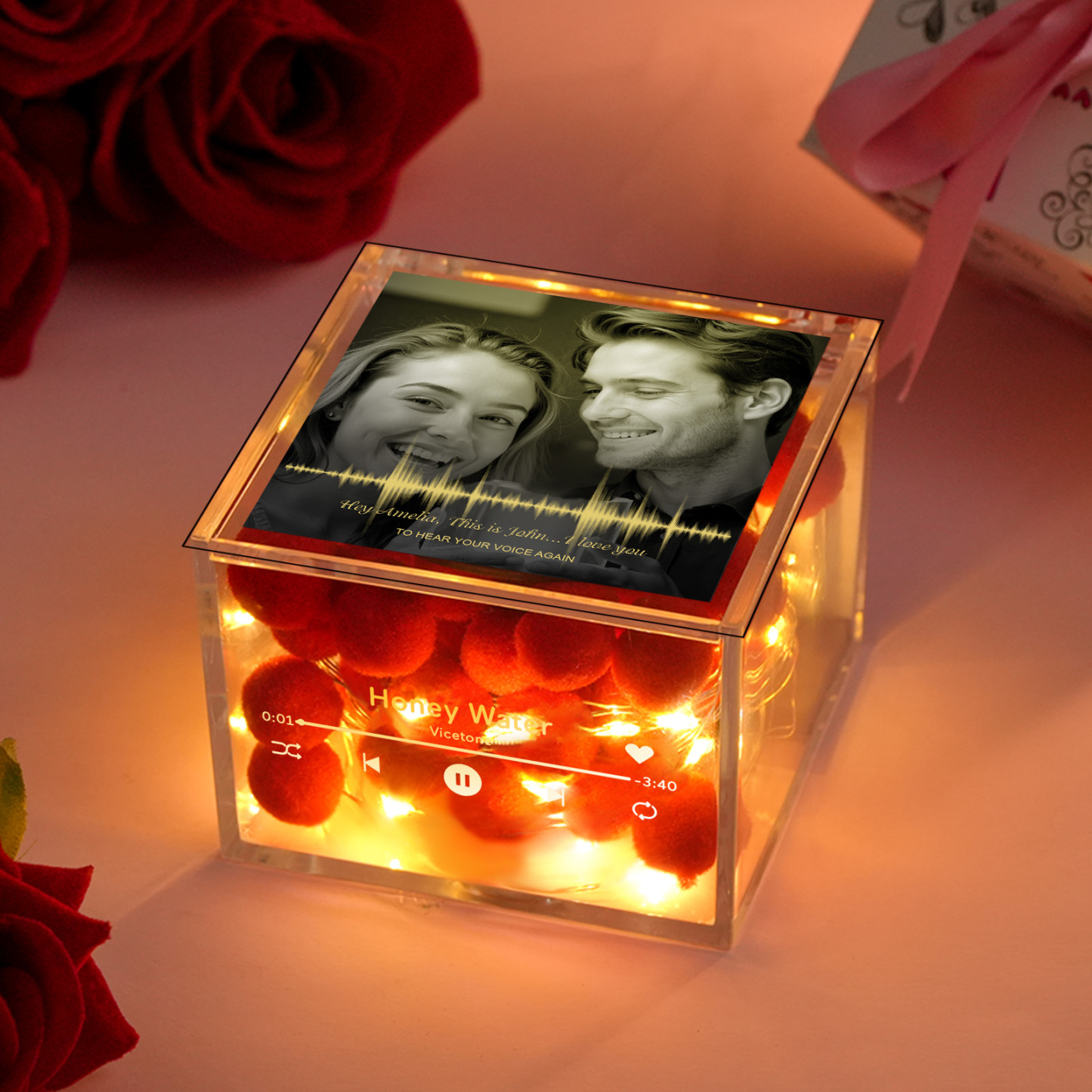 Mini Music Record Auto-Music Player Voice Recorder Custom Photo with Light Personalized Music Acrylic Box Christmas Gift for Couples