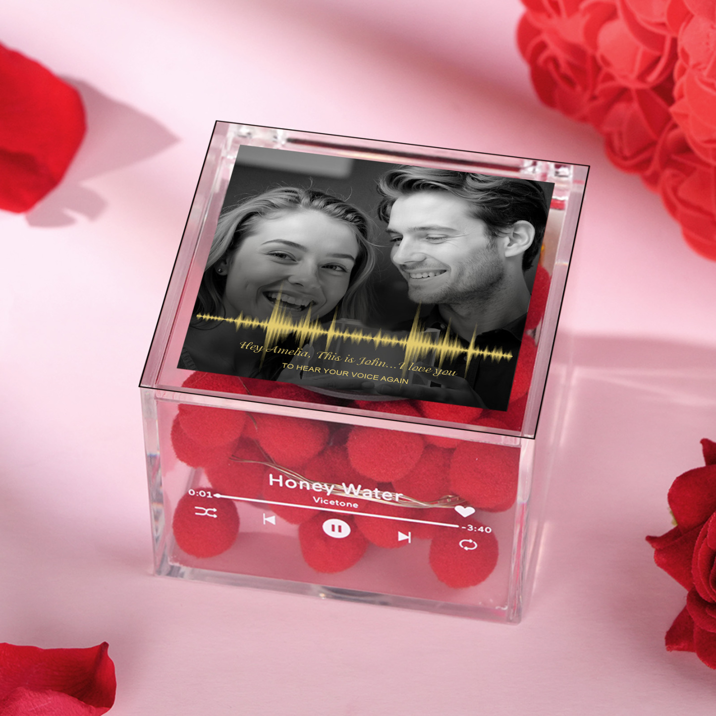 Mini Music Record Auto-Music Player Voice Recorder Custom Photo with Light Personalized Music Acrylic Box Christmas Gift for Couples
