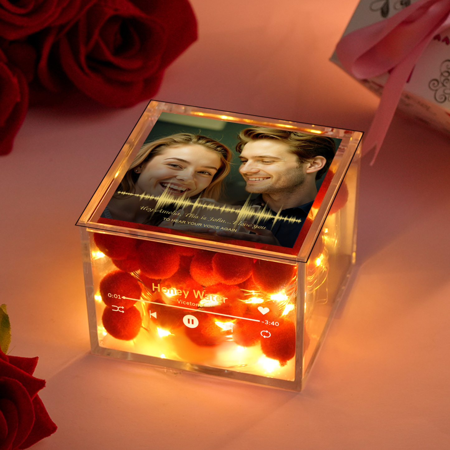 Mini Music Record Auto-Music Player Voice Recorder Custom Photo with Light Personalized Music Acrylic Box Christmas Gift for Couples