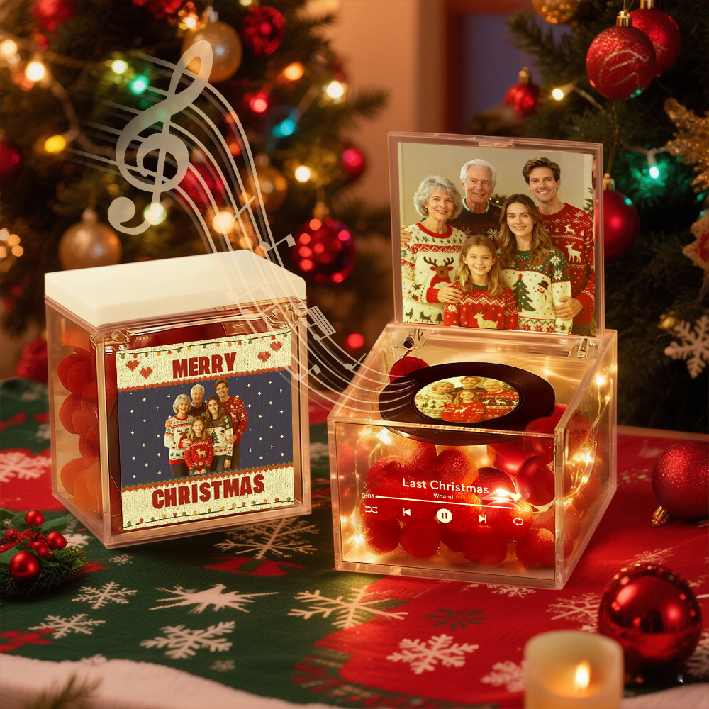 Premium Christmas Mini Music Record Auto-Music Player Custom Photo with Light Personalized Music Acrylic Box