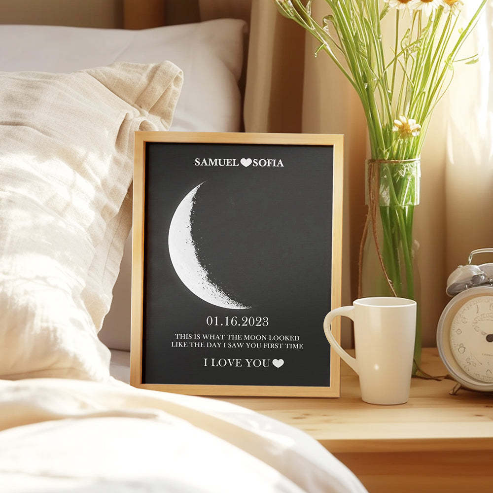 Custom Silver Moon Phase and Names Wooden Frame with Your Text Custom Couple Art Frame Best Valentine's Day Gift - mysiliconefoodbag