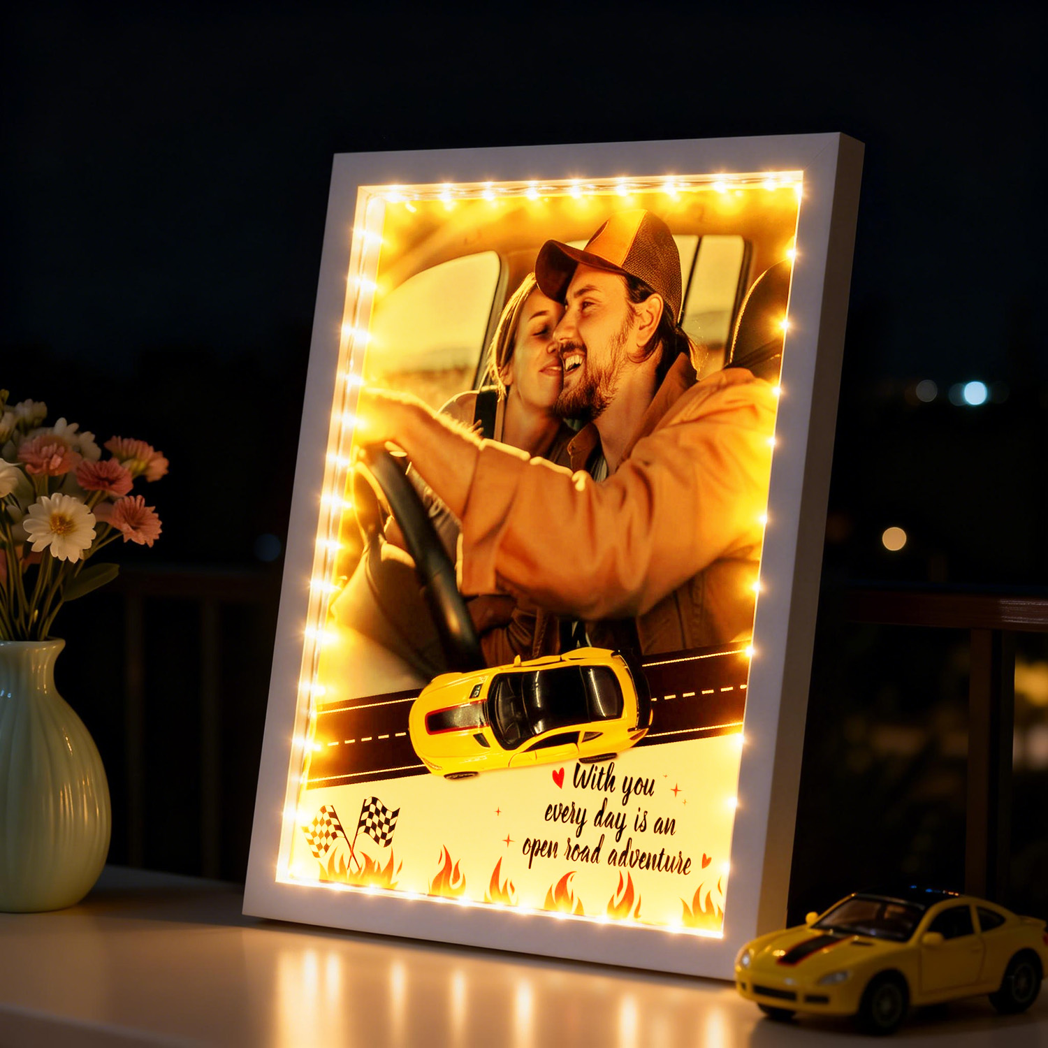 Personalized Race Car Photo Gifts For Couples on Valentine's Day, Wheels for Car Lover Custom Car Frame Anniversary Gift For Loved Ones