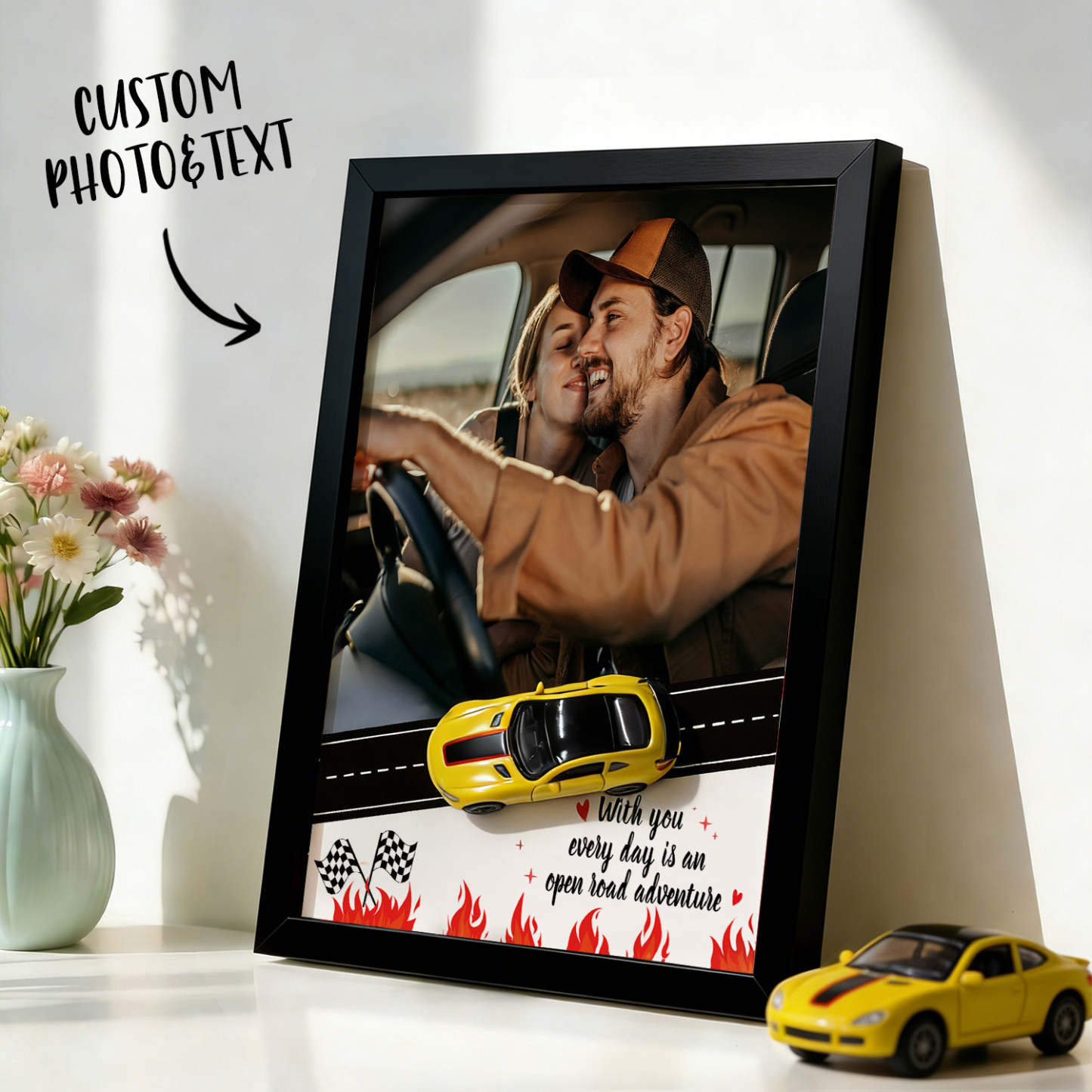 Personalized Race Car Photo Gifts For Couples on Valentine's Day, Wheels for Car Lover Custom Car Frame Anniversary Gift For Loved Ones