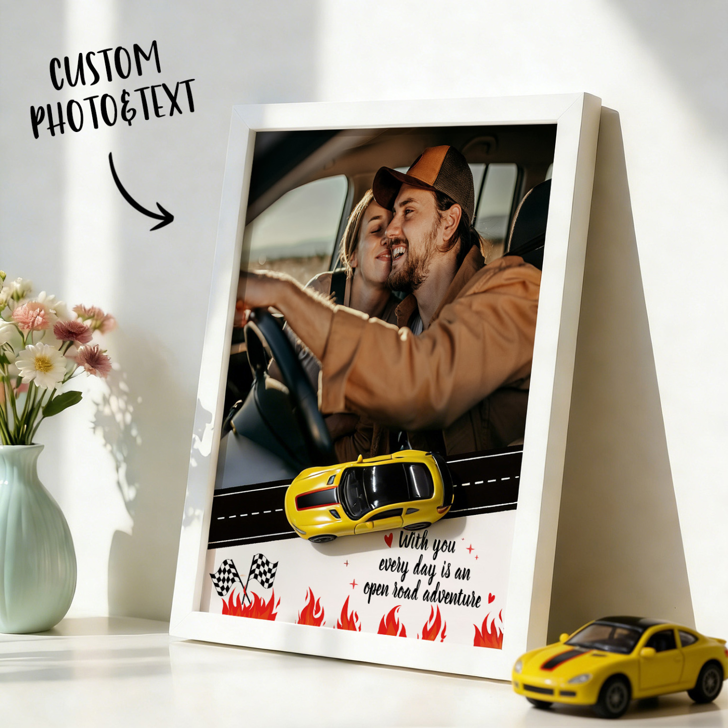 Personalized Race Car Photo Gifts For Couples on Valentine's Day, Wheels for Car Lover Custom Car Frame Anniversary Gift For Loved Ones