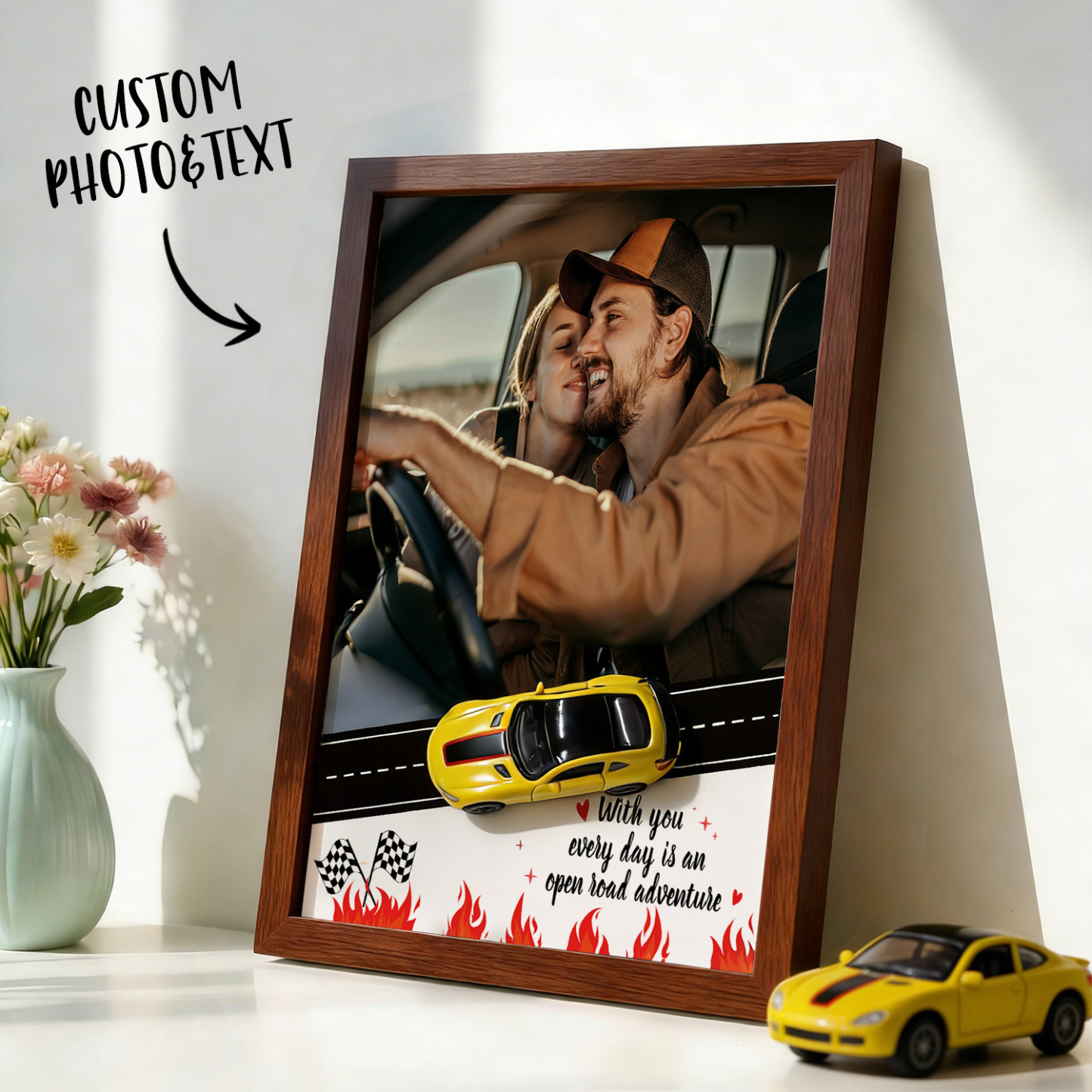 Personalized Race Car Photo Gifts For Couples on Valentine's Day, Wheels for Car Lover Custom Car Frame Anniversary Gift For Loved Ones