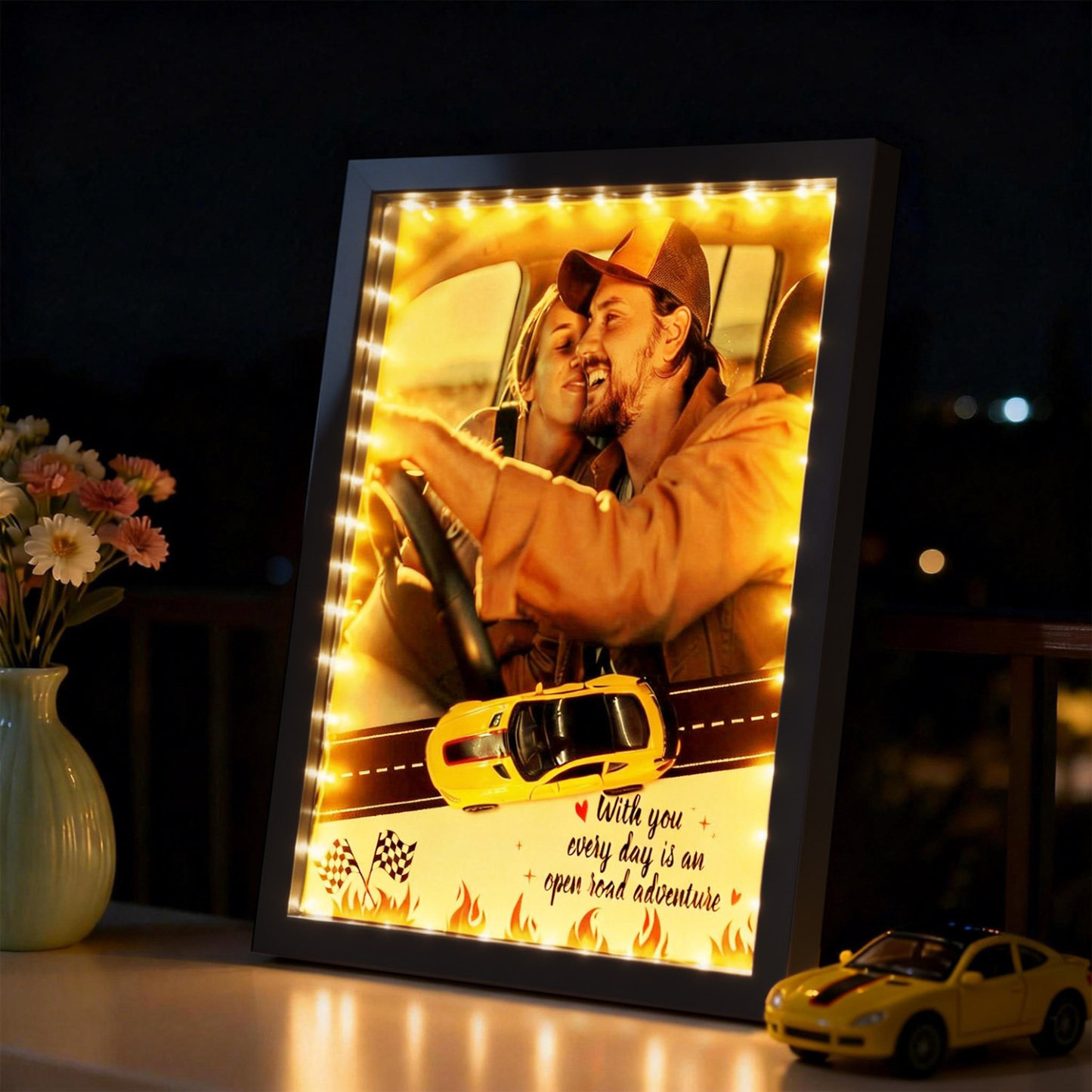 Personalized Race Car Photo Gifts For Couples on Valentine's Day, Wheels for Car Lover Custom Car Frame Anniversary Gift For Loved Ones