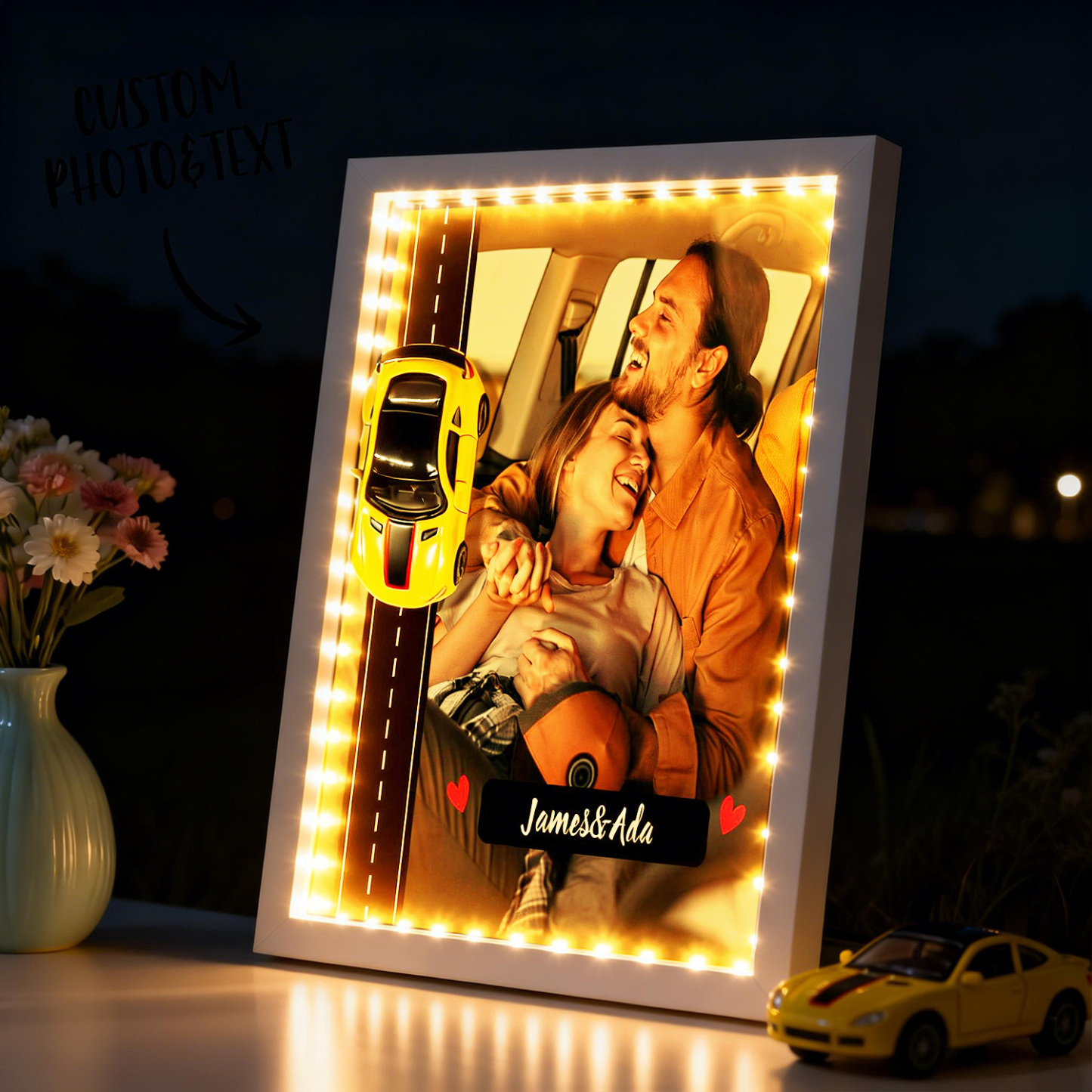 Personalized Race Car Photo Gifts For Couples on Valentine's Day, Wheels for Car Lover Custom Car Frame Anniversary Gift For Loved Ones