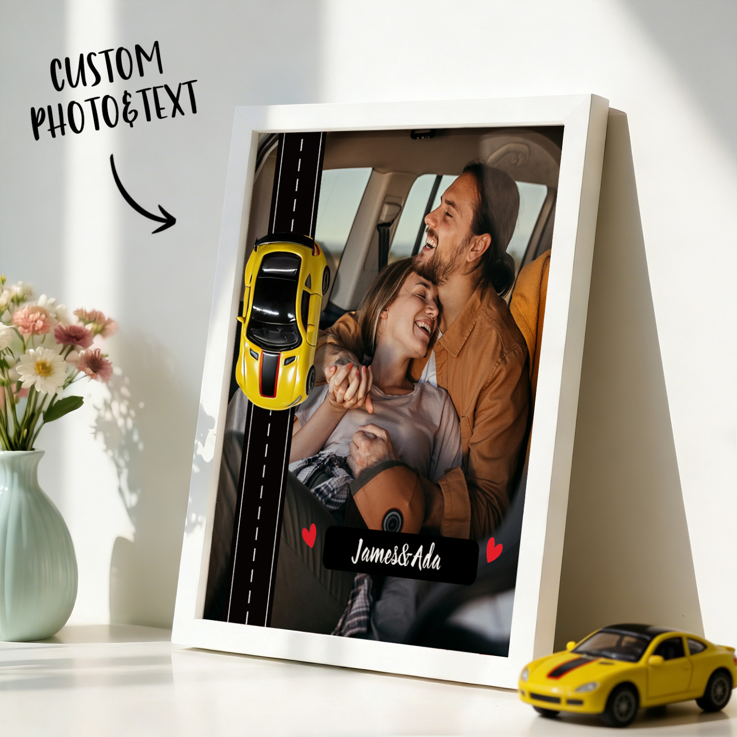 Personalized Race Car Photo Gifts For Couples on Valentine's Day, Wheels for Car Lover Custom Car Frame Anniversary Gift For Loved Ones