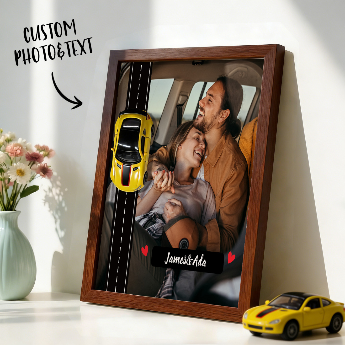 Personalized Race Car Photo Gifts For Couples on Valentine's Day, Wheels for Car Lover Custom Car Frame Anniversary Gift For Loved Ones