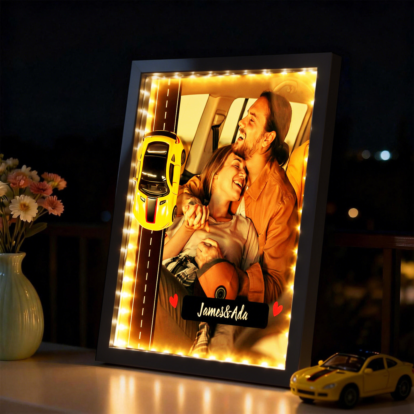 Personalized Race Car Photo Gifts For Couples on Valentine's Day, Wheels for Car Lover Custom Car Frame Anniversary Gift For Loved Ones