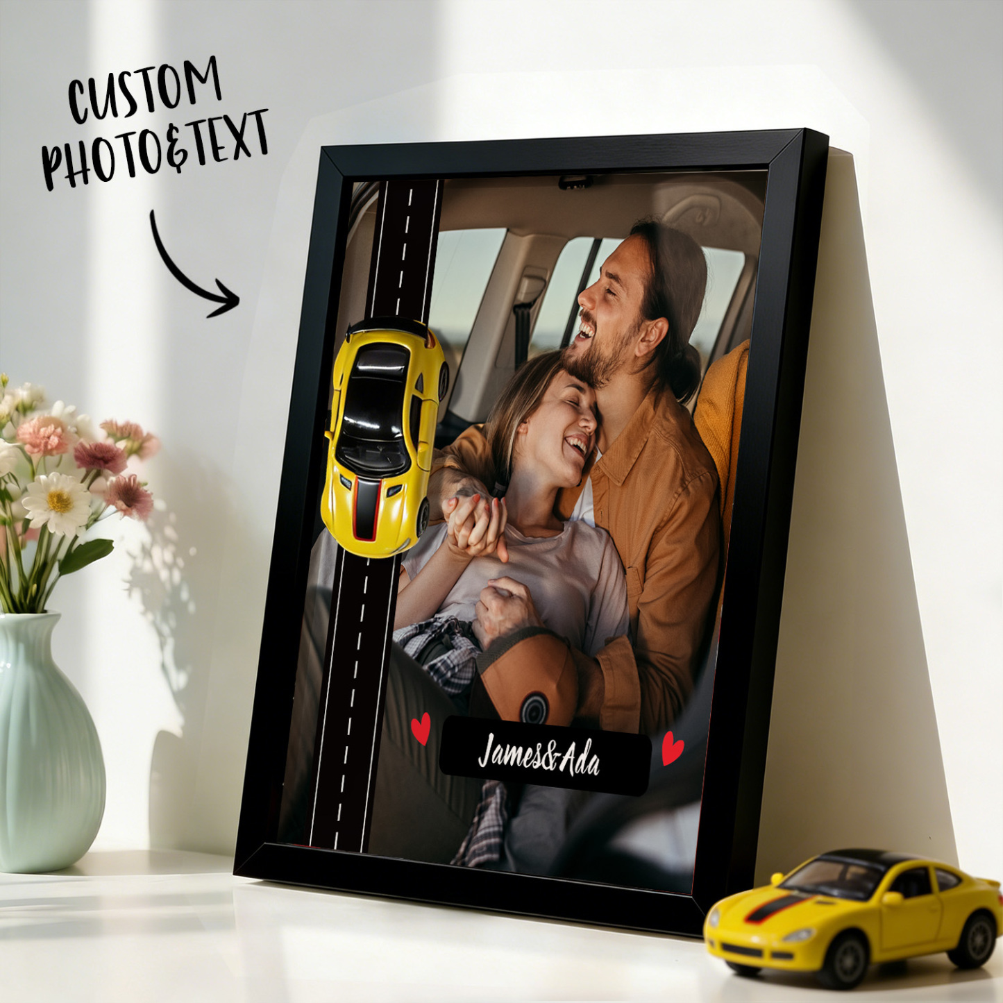 Personalized Race Car Photo Gifts For Couples on Valentine's Day, Wheels for Car Lover Custom Car Frame Anniversary Gift For Loved Ones