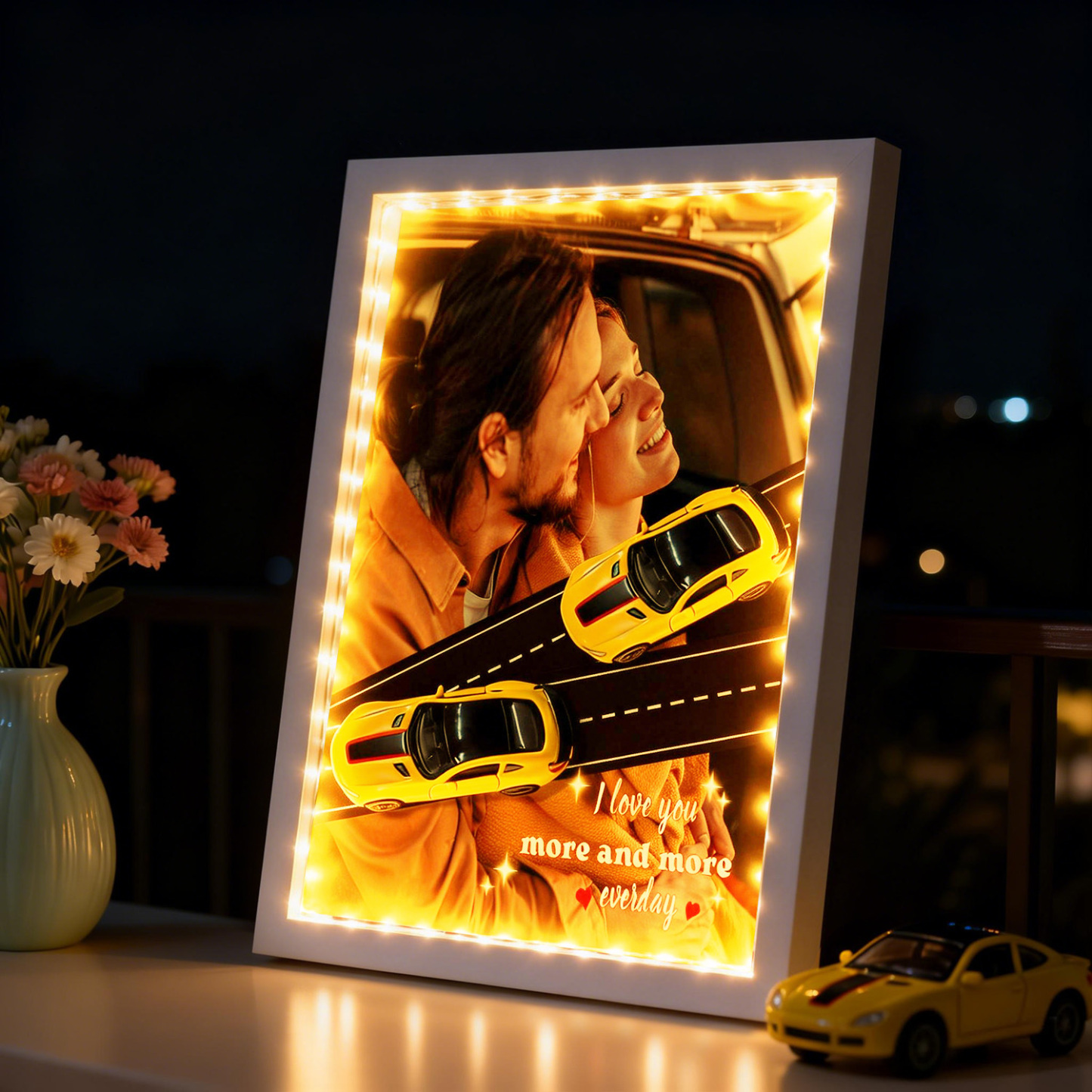 Personalized Race Car Photo Gifts For Couples on Valentine's Day, Wheels for Car Lover Custom Car Frame Anniversary Gift For Loved Ones