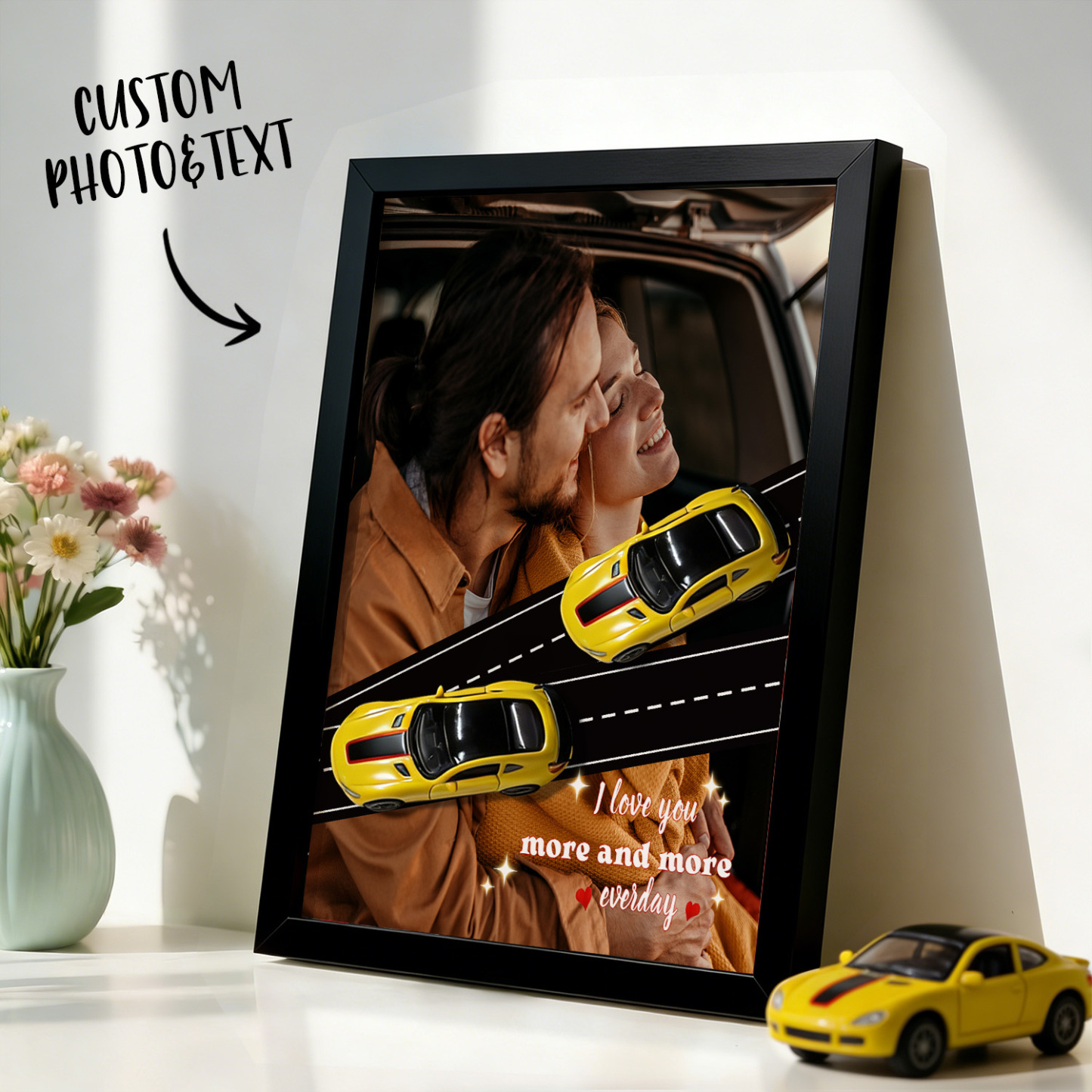 Personalized Race Car Photo Gifts For Couples on Valentine's Day, Wheels for Car Lover Custom Car Frame Anniversary Gift For Loved Ones