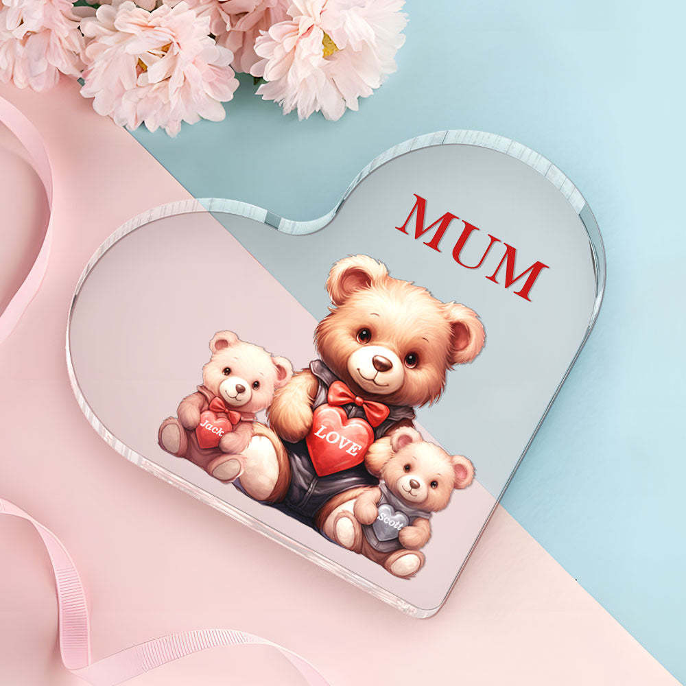 Personalised Name Heart Shaped Acrylic Plaque Keepsake Mother's Day Gifts Bear Family Together - makephotopuzzleuk