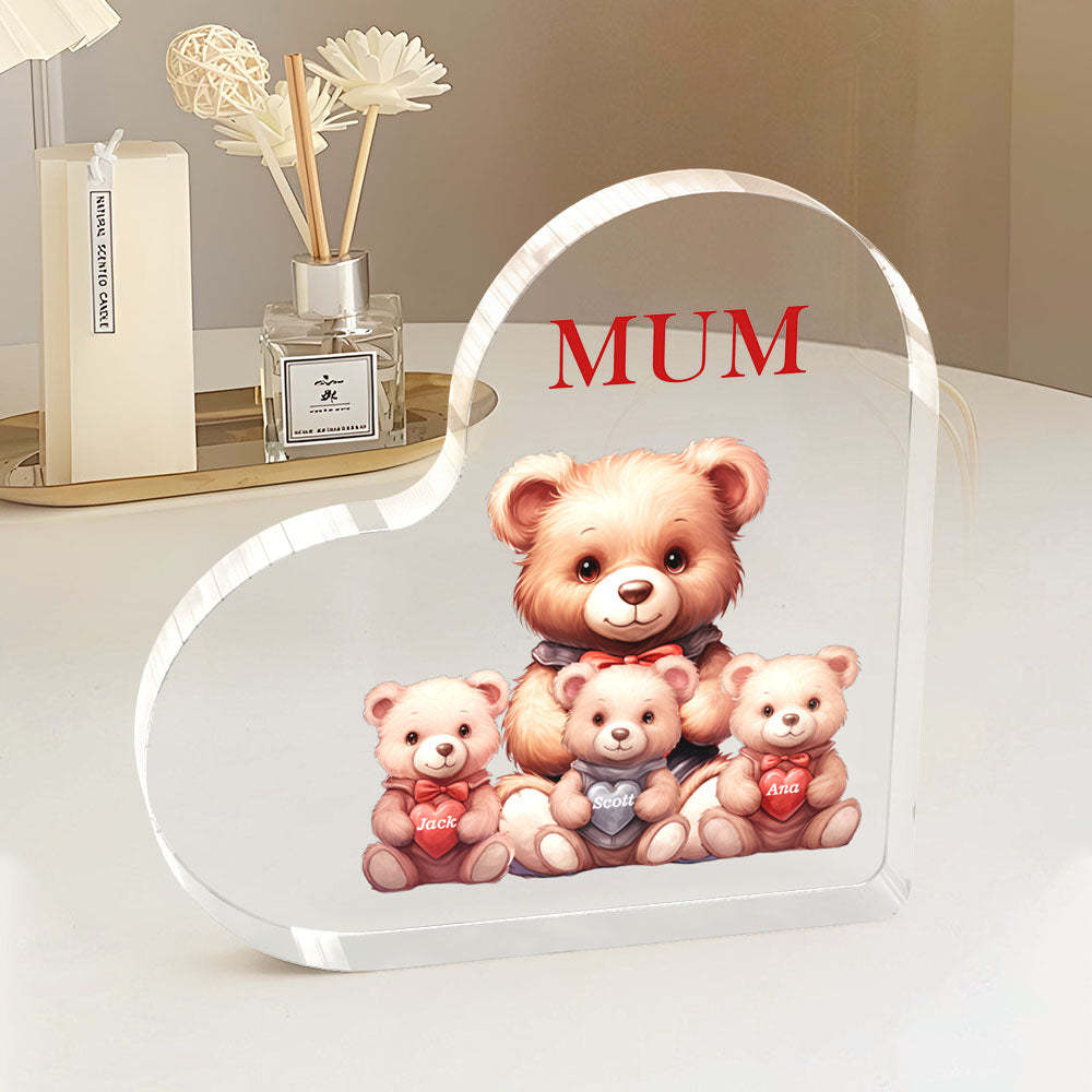Personalised Name Heart Shaped Acrylic Plaque Keepsake Mother's Day Gifts Bear Family Together - makephotopuzzleuk