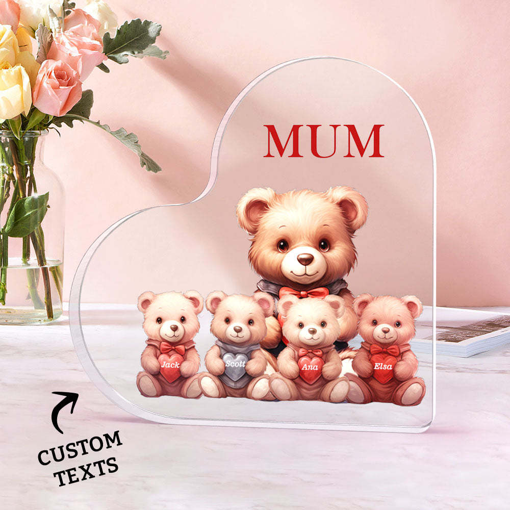 Personalised Name Heart Shaped Acrylic Plaque Keepsake Mother's Day Gifts Bear Family Together - makephotopuzzleuk