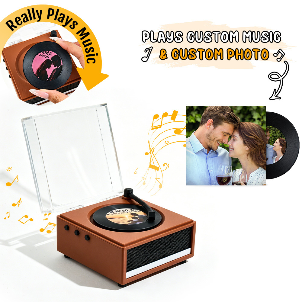 Personalized Mini Vinyl Music Player That Really Plays Music | Each Vinyl Can Play a Different Full Song, Custom Photo Album Cover, Vinyl Color, Anniversary Gift for Couples