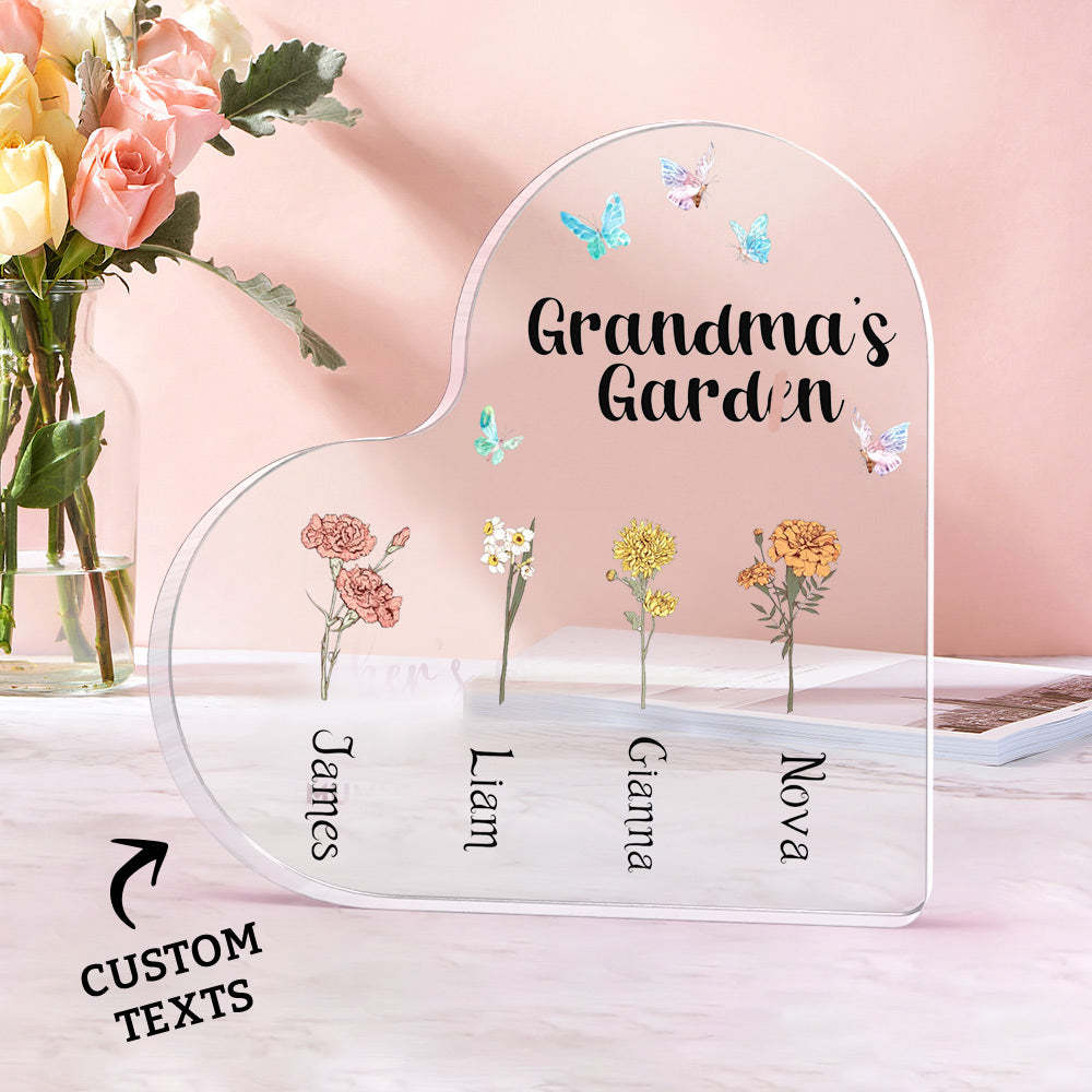 Custom Heart Shaped Acrylic Signs 1-6 Personalised Names Grandma's Garden Mother's Day Gift - SantaSocks