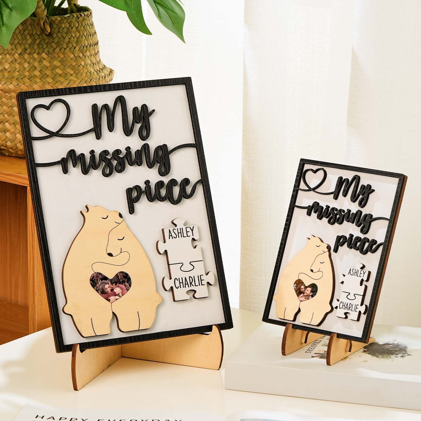 My Missing Piece Personalized Photo and Name Bear Couple 2 Layered Wood Plaque - mysiliconefoodbag