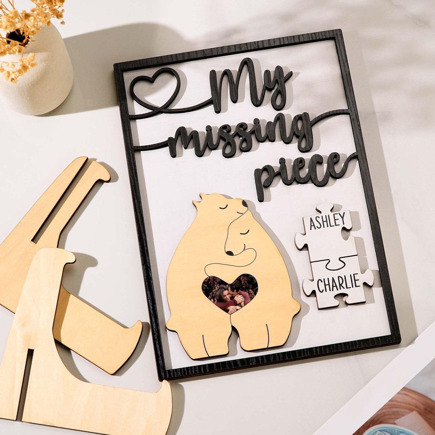 My Missing Piece Personalized Photo and Name Bear Couple 2 Layered Wood Plaque - mysiliconefoodbag