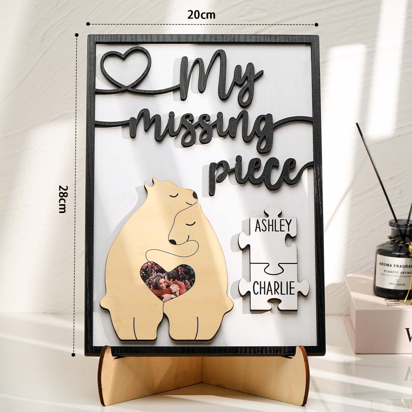 My Missing Piece Personalized Photo and Name Bear Couple 2 Layered Wood Plaque - mysiliconefoodbag