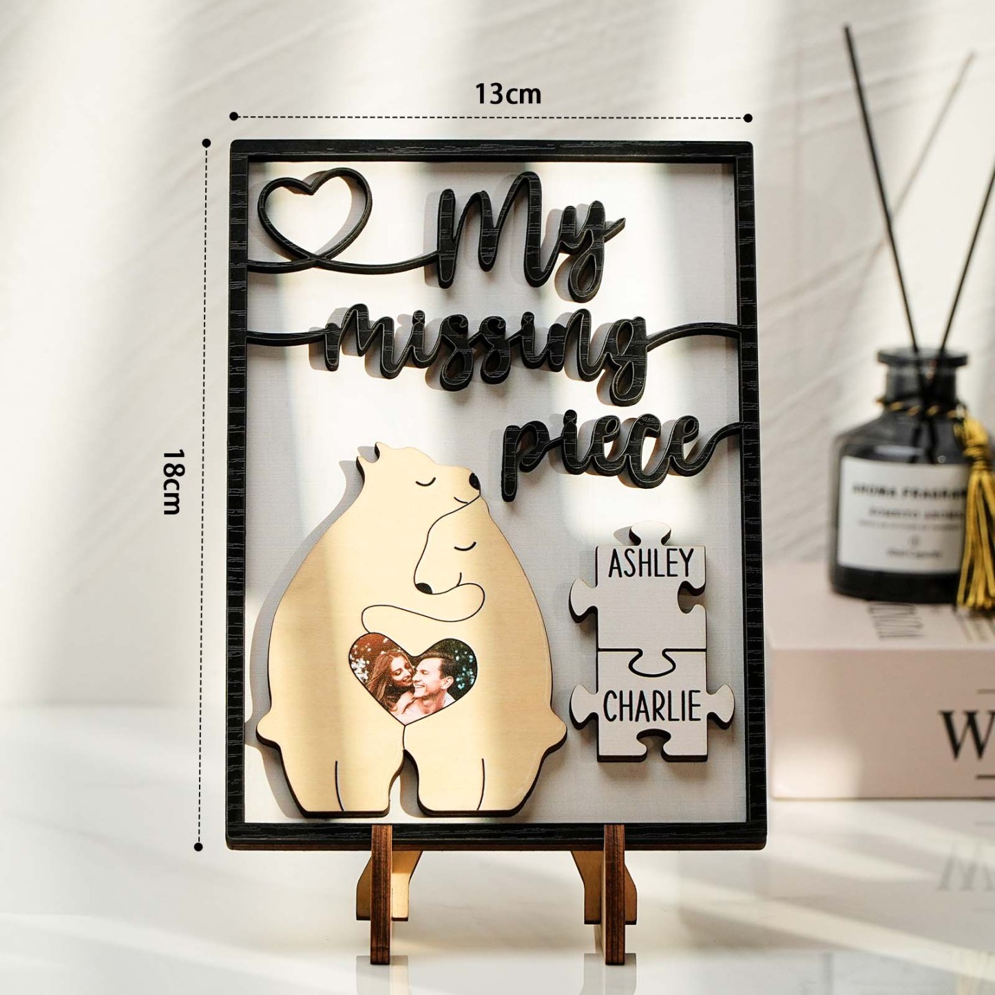 My Missing Piece Personalized Photo and Name Bear Couple 2 Layered Wood Plaque - mysiliconefoodbag