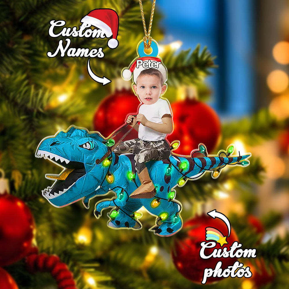 Personalized Cute Kid Rides The Dinosaurus Ornament Christmas Gift for Kids - mysiliconefoodbag