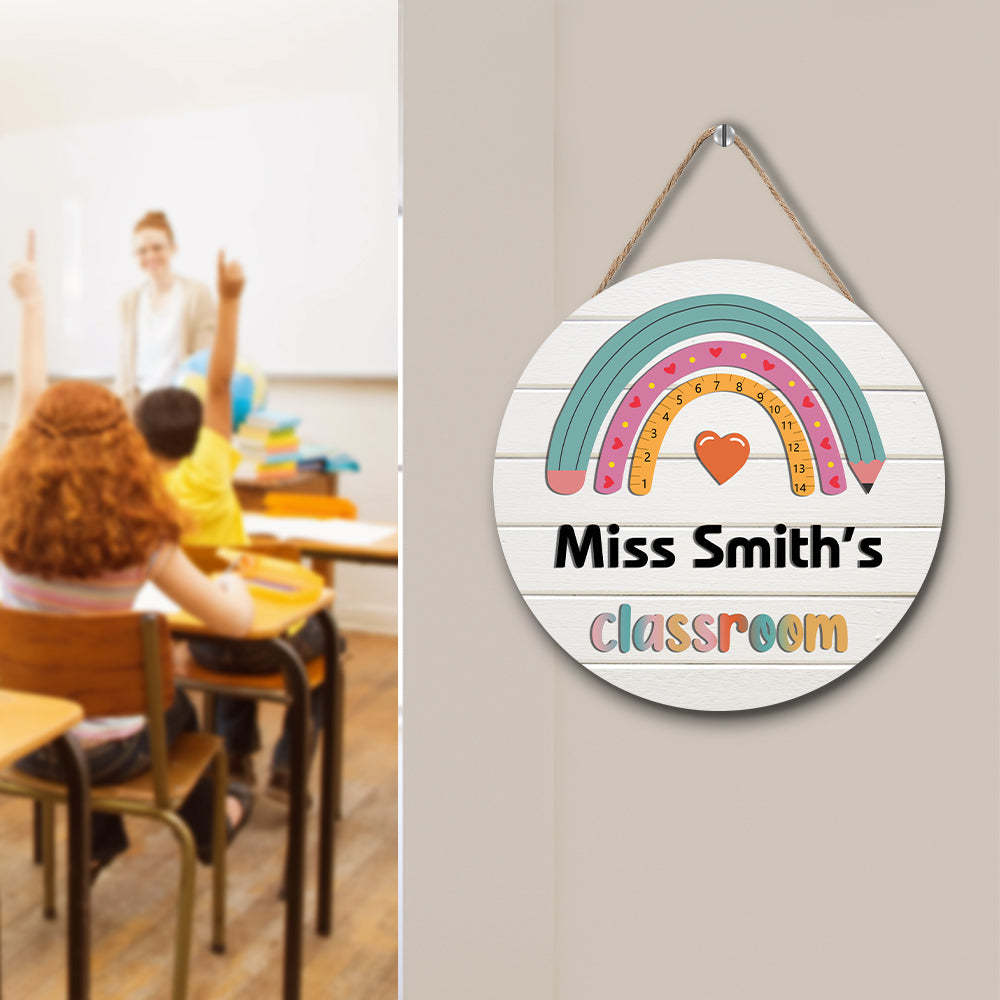 Custom Rainbow Pencil Classroom Door Sign with Name, Teacher Welcome Sign Gift -