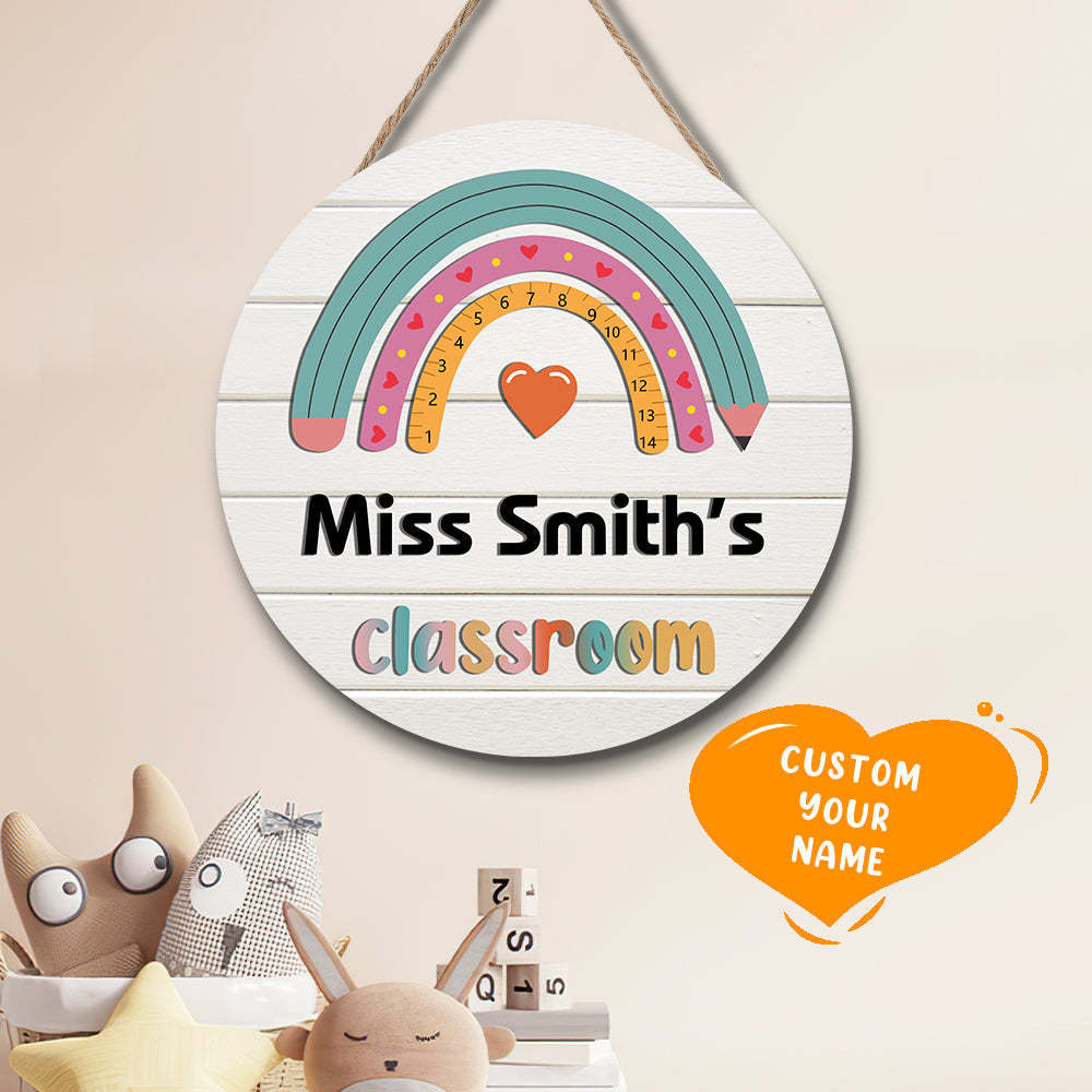 Custom Rainbow Pencil Classroom Door Sign with Name, Teacher Welcome Sign Gift -