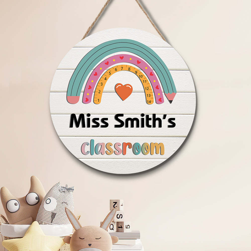 Custom Rainbow Pencil Classroom Door Sign with Name, Teacher Welcome Sign Gift -